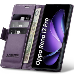 Tok Oppo Reno 13 Pro, ERBORD Glossy Litchi, pénztárca patenttal, lila