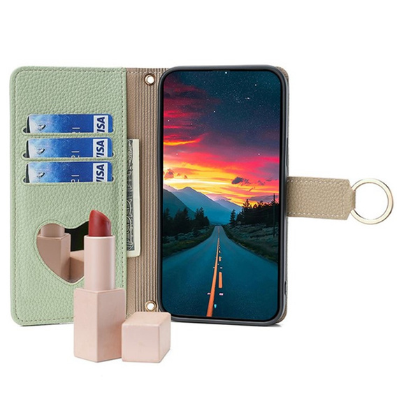 Flip tok Samsung Galaxy A56 5G, Wallet Zipper Pocket, tükörrel, zöld