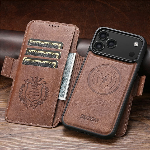 2 az 1-ben flip tok iPhone 17 Pro-hoz, SUTENI, MagSafe, barna színű