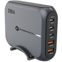 FORCELL asztali töltő 3x USB Type-C 2x USB-A 200W 5A GaN PD QC4.0, szürke