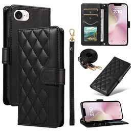 Flap tok iPhone 16E, Rhombus Crossbody Leather, fekete