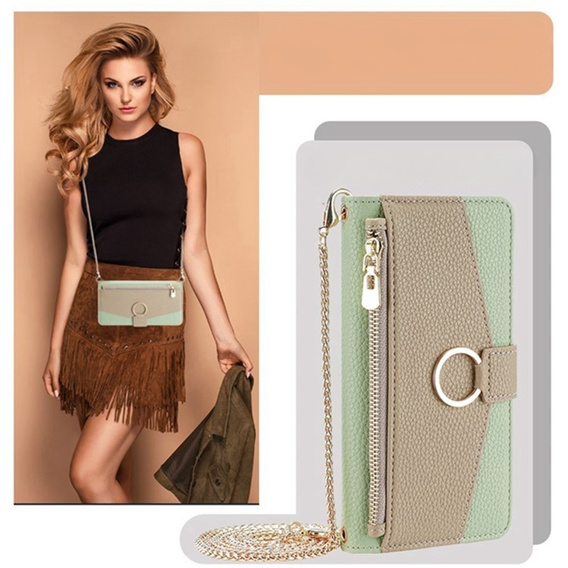 Flip tok Samsung Galaxy A56 5G, Wallet Zipper Pocket, tükörrel, zöld