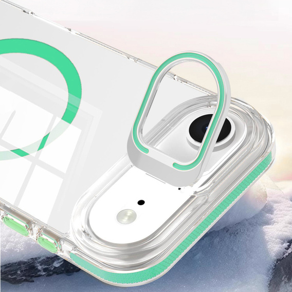 Tok iPhone Air készülékhez, MagSafe, állvánnyal, átlátszó, zöld betétekkel