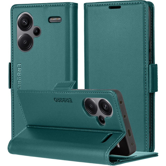 Tok Xiaomi Redmi Note 13 Pro+, ERBORD Glossy Litchi, pénztárca patenttal, zöld