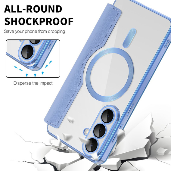 RFID pénztárca MagSafe flip tok kameravédelemmel Samsung Galaxy S26 Plus készülékhez, kék