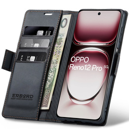 Tok Oppo Reno 12 Pro, ERBORD Glossy Litchi, pénztárca patenttal, fekete