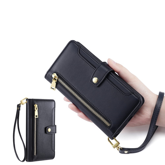 Pattintható tok a iPhone 14 Pro Max, Wallet Zipper Pocket, fekete
