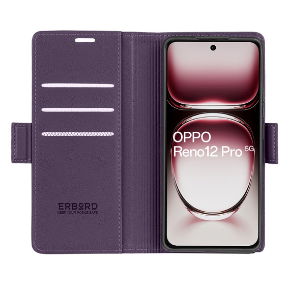 Tok Oppo Reno 12 Pro, ERBORD Glossy Litchi, pénztárca patenttal, lila