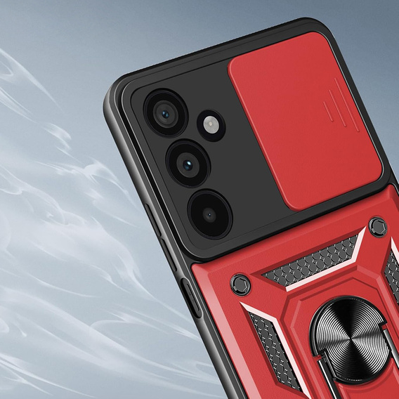 Páncélozott tok Samsung Galaxy A17 5G készülékhez, kameravédelemmel, állvánnyal, piros színű