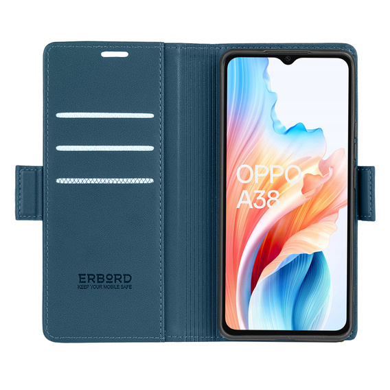 Tok Oppo A18 4G / A38 4G, ERBORD Glossy Litchi, pénztárca patenttal, kék