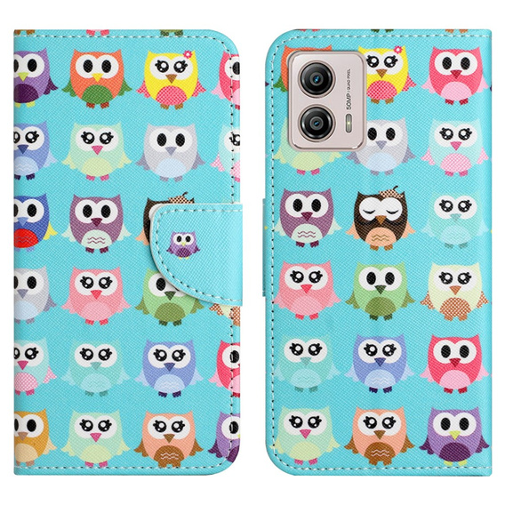 Pattintható tok a Motorola Moto G73 5G, Wallet, owls, kék