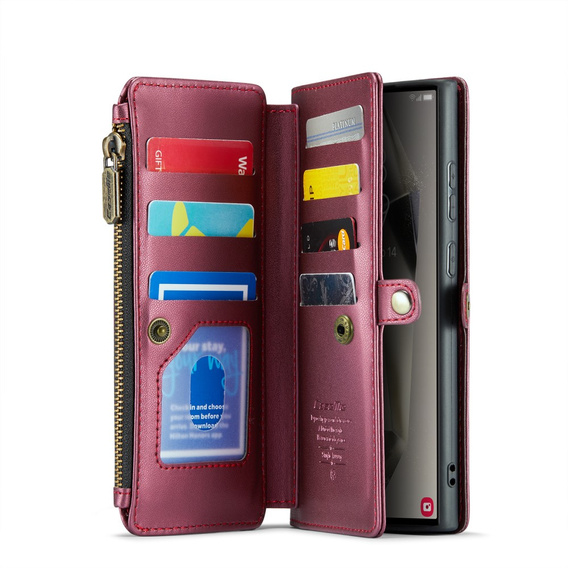 Tok CASEME Samsung Galaxy S25 Ultra, RFID Leather Wallet, vállpánttal, piros