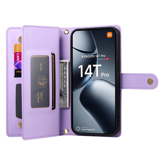 Pattintható tok a Xiaomi 14T Pro, Wallet Zipper Pocket, lila