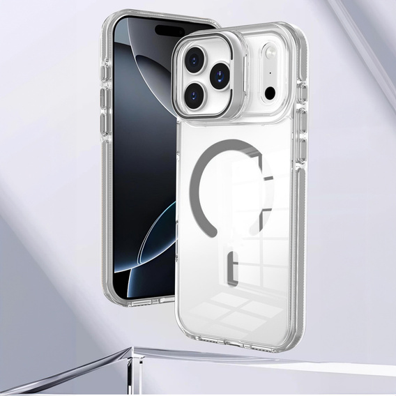 Tok iPhone 17 Pro Max készülékhez, MagSafe, állvánnyal, átlátszó, szürke betétekkel