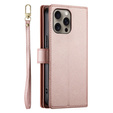 Pattintható tok a iPhone 16 Pro, Wallet Zipper Pocket, rózsaszín