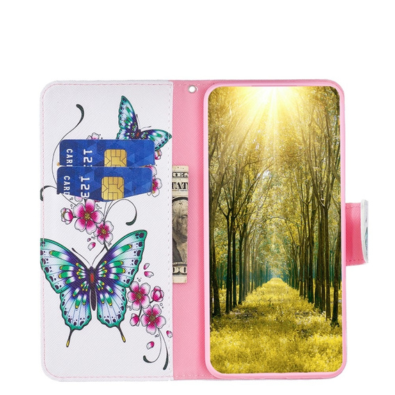 Pattintható tok a Xiaomi Redmi Note 13 5G, Wallet, Butterflies & Flowers fehér