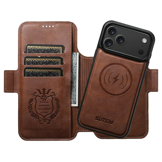 2 az 1-ben flip tok iPhone 17 Pro-hoz, SUTENI, MagSafe, barna színű