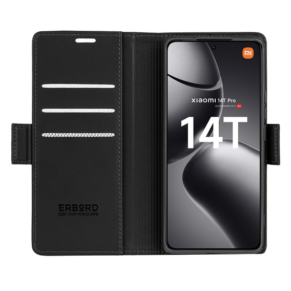 Tok Xiaomi 14T Pro, ERBORD Glossy Litchi, pénztárca patenttal, fekete