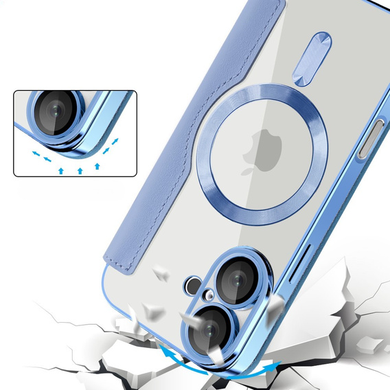 Pattintható tok a iPhone 16, RFID Wallet MagSafe CamShield, kék