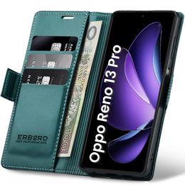 Tok Oppo Reno 13 Pro, ERBORD Glossy Litchi, pénztárca patenttal, zöld