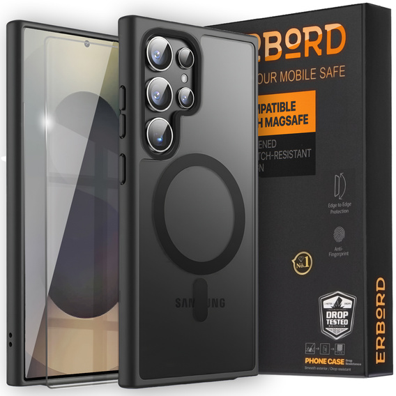Tok Samsung Galaxy S25 Ultra-hoz, MagSafe, ERBORD Matt Case, fekete + képernyőüveg