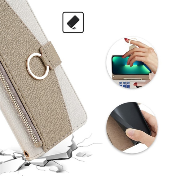 Flip tok Xiaomi Redmi Note 13 Pro+, Wallet Zipper Pocket, tükörrel, fehér
