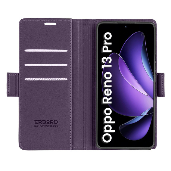 Tok Oppo Reno 13 Pro, ERBORD Glossy Litchi, pénztárca patenttal, lila