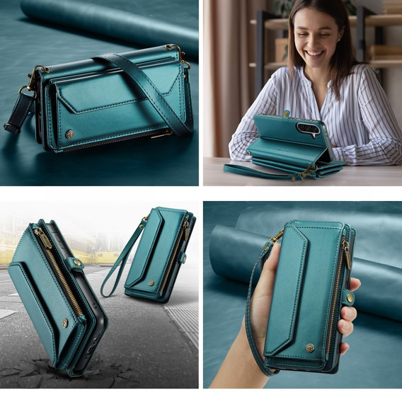 Tok CASEME Samsung Galaxy A56 5G, RFID Leather Wallet, vállpánttal, zöld