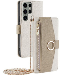Flip tok Samsung Galaxy S23 Ultra, Wallet Zipper Pocket, tükörrel, fehér