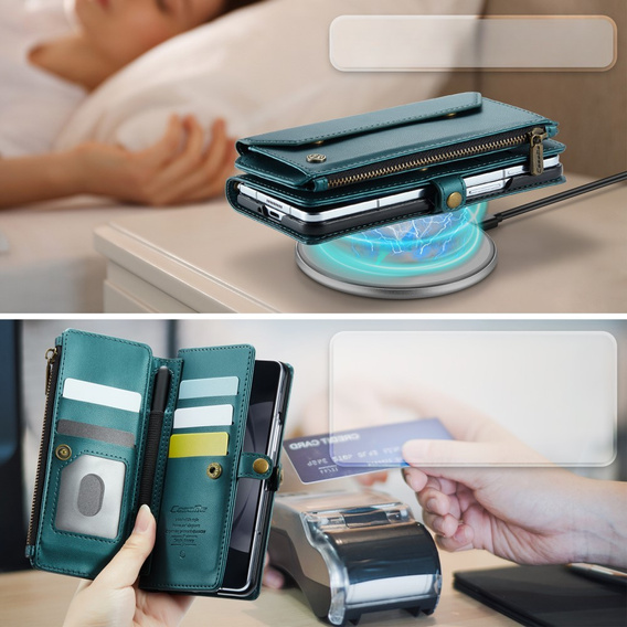 Tok CASEME Samsung Galaxy Z Fold6 5G, RFID Leather Wallet, vállpánttal, zöld