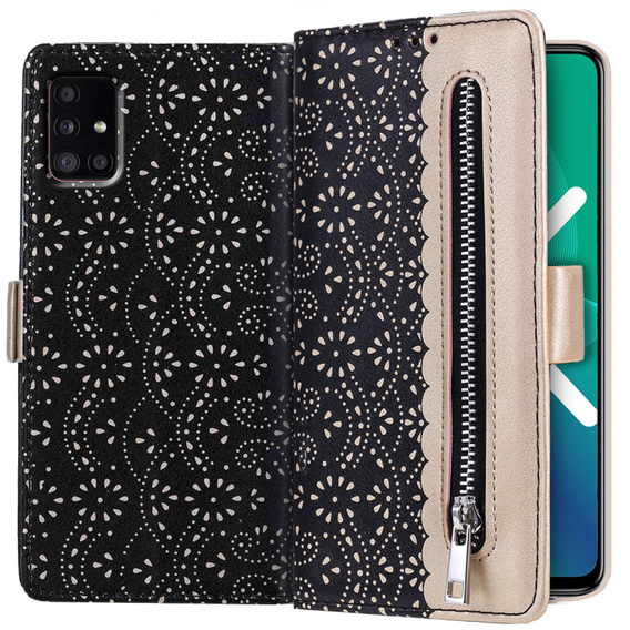 Flap tok Samsung Galaxy A51 5G, Wallet Pocket Zipper Lace, fekete