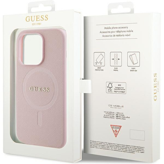 GUESS Telefontok a iPhone 14 Pro, Saffiano MagSafe, rózsaszín