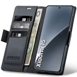 Tok Xiaomi 15, ERBORD Glossy Litchi, pénztárca patenttal, fekete