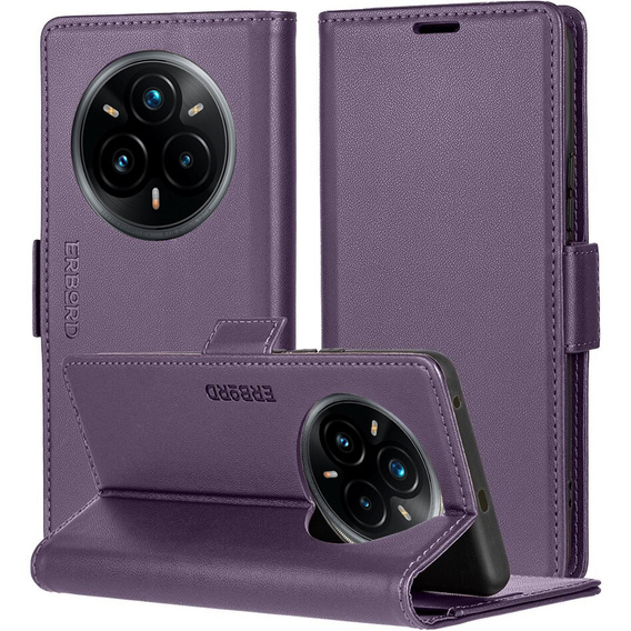 Tok Realme 14 Pro+ 5G, ERBORD Glossy Litchi, pénztárca patenttal, lila