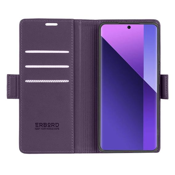 Tok Xiaomi Redmi Note 13 Pro+, ERBORD Glossy Litchi, pénztárca patenttal, lila