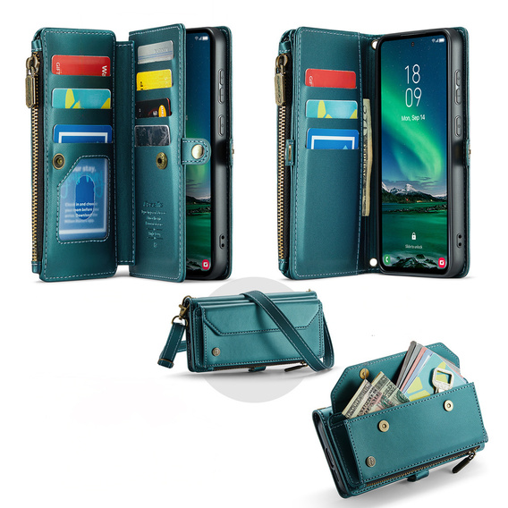 Tok CASEME Samsung Galaxy S25 FE, RFID Leather Wallet, vállpánttal, zöld