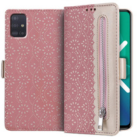 Flap tok Samsung Galaxy A51, Wallet Pocket Zipper Lace, rózsaszín