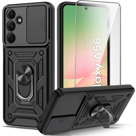 Páncélozott tok Samsung Galaxy A56, CamShield Slide, fekete + edzett üveg 9H