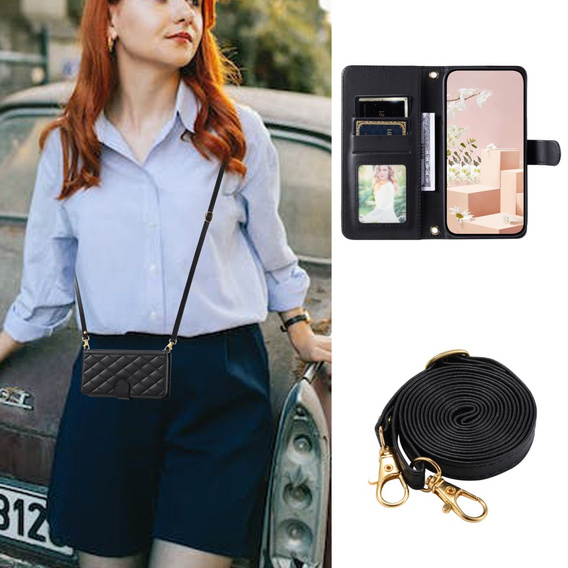 Flap tok iPhone 16 Pro Max, Rhombus Crossbody Leather, fekete