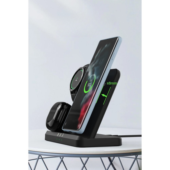 3 az 1-ben vezeték nélküli indukciós gyorstöltő QI Samsung S25 S24 S23 Galaxy Watch Buds állomás, fekete