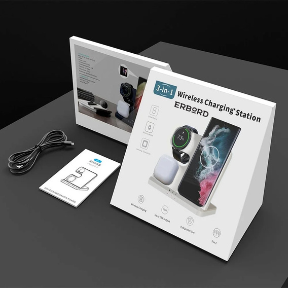 3 az 1-ben vezeték nélküli indukciós gyorstöltő QI Samsung S25 S24 S23 Galaxy Watch Buds állomás, fehér