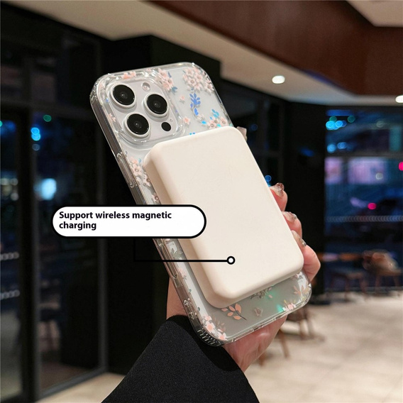 Mágneses tok virágos lézeres mintával iPhone 16 Pro-hoz