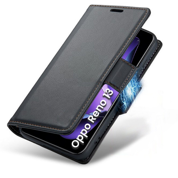 Tok Oppo Reno 13, ERBORD Glossy Litchi, pénztárca patenttal, fekete