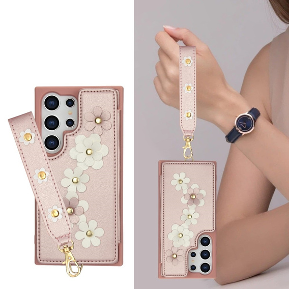 Tok Samsung Galaxy S24 Ultra, Leather Flower Card Slot, rózsaszín