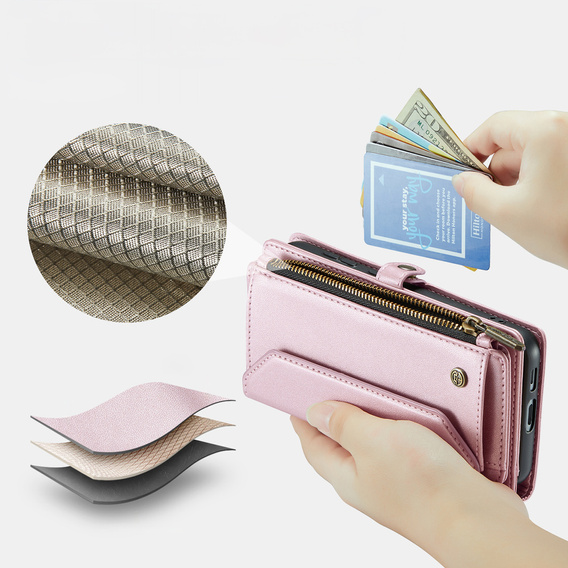 Tok CASEME Samsung Galaxy S25 FE, RFID Leather Wallet, vállpánttal, rózsaszín