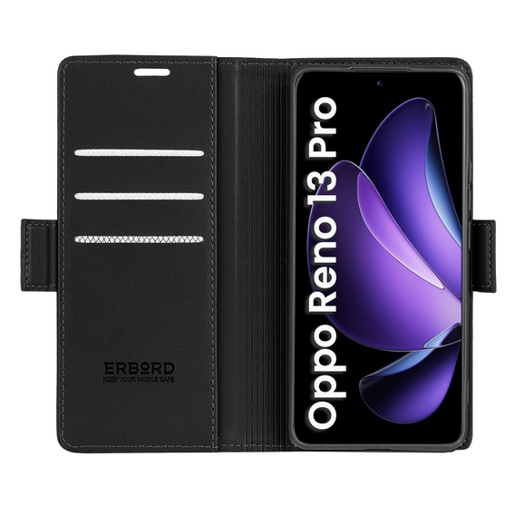 Tok Oppo Reno 13 Pro, ERBORD Glossy Litchi, pénztárca patenttal, fekete