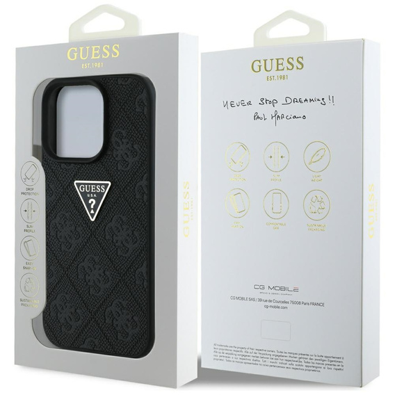 Guess Grained Hot Stamp 4G háromszög alakú fém tok iPhone 16 Pro Max készülékhez