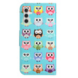 Pattintható tok a Samsung Galaxy M15 5G, Wallet, Owls kék