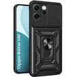 Páncélozott tok Oppo Reno 14F-hez, kameravédelemmel, állvánnyal, fekete