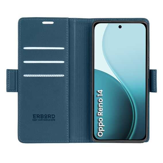 Tok Oppo Reno 14, ERBORD Glossy Litchi, pénztárca patenttal, kék